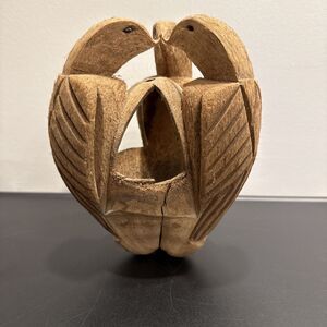 VINTAGE FOLK ART CARVED COCONUT SHELL BIRD FEEDER HANGING BIRD ART